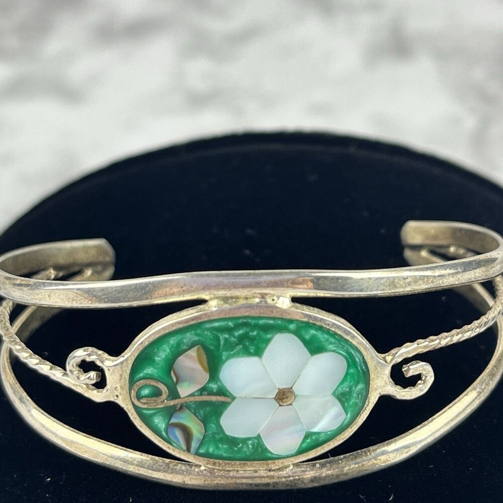 Vintage Mexican Alpaca Cuff Bracelet Green Enamel Abalone Flower Silver Tone